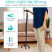 Person holding a walking cane with product features highlighted on a whiteboard in a living room setting.