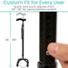 Adjustable walking cane with quick-lock push mechanism and measurement details.
