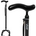 Black walking cane with adjustable base on a white background