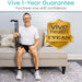 Man sitting on a couch holding a walking stick with 'Vive Health' 1-year guarantee badge.