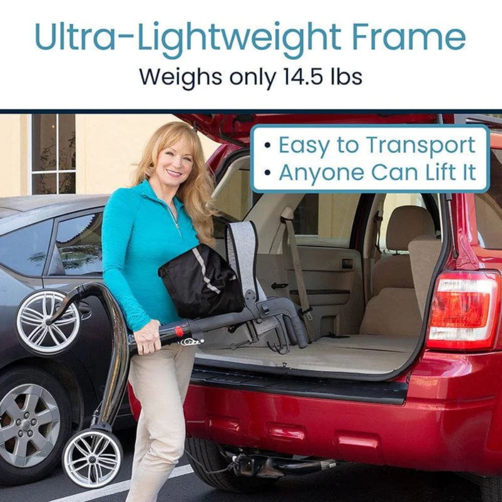 Woman lifting a baby seat with text about an ultra-lightweight frame in front of a car.
