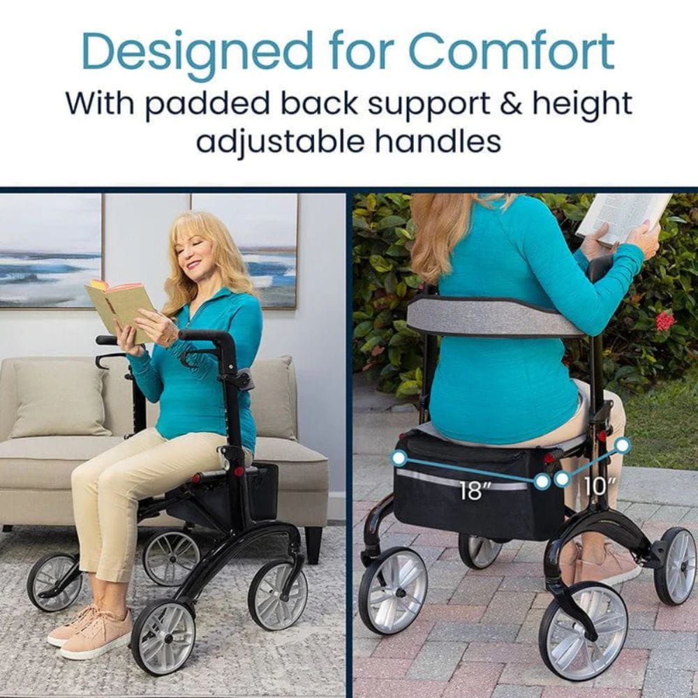 Woman using a walker with padded back support and height adjustable handles in various settings.