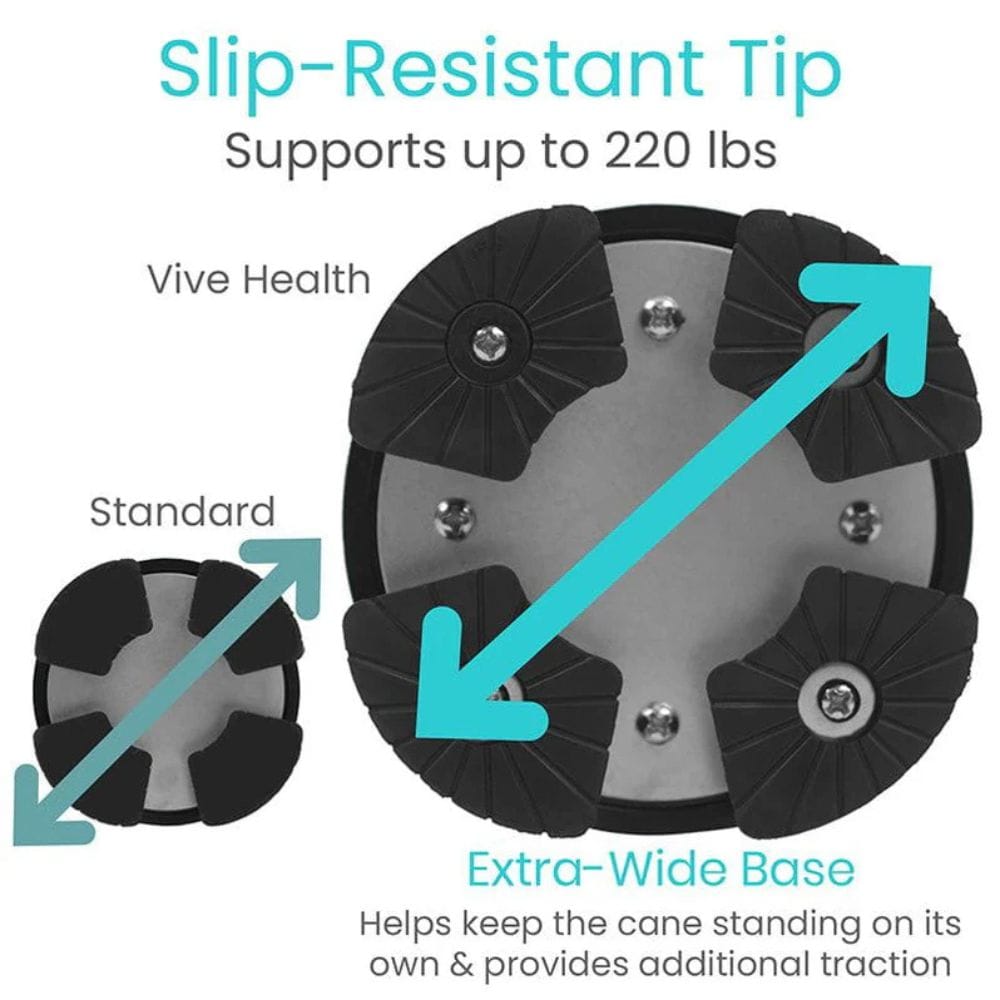 Vive Health cane tip with slip-resistant design and extra-wide base on a white background