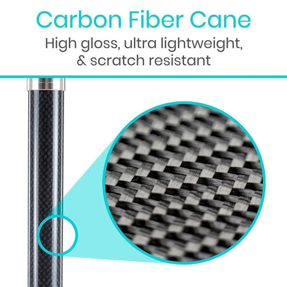 Carbon fiber cane with high gloss, ultra lightweight, and scratch resistant text on a white background