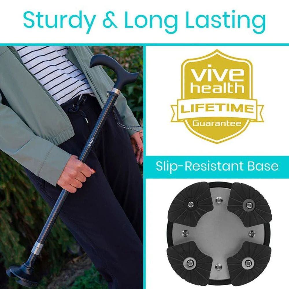Person holding a cane with a Vive Health lifetime guarantee badge and slip-resistant base detail.