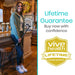 Woman holding a garden tool in a kitchen with Vive Health Lifetime Guarantee text and logo.