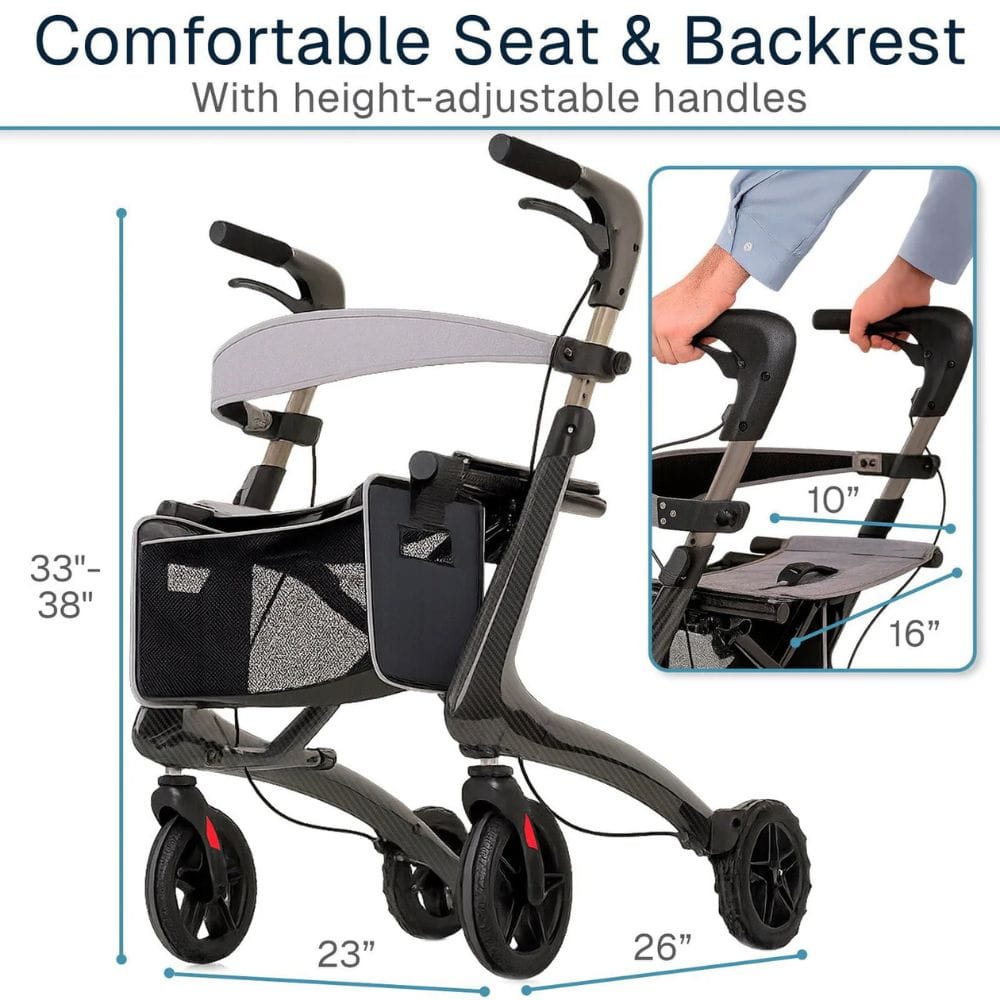Rollator with height-adjustable seat and backrest, showing dimensions and user interaction.
