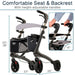 Rollator with height-adjustable seat and backrest, showing dimensions and user interaction.