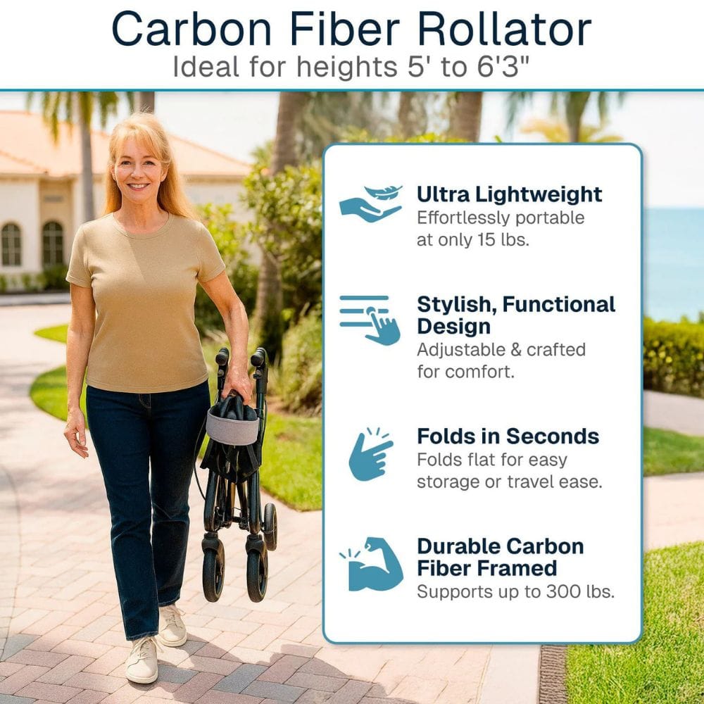 Woman holding a carbon fiber rollator with product features displayed on the right.