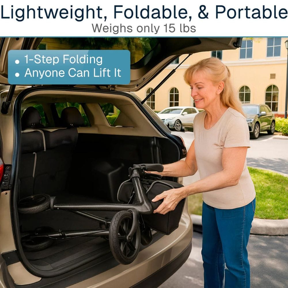 Woman lifting a folded stroller from the trunk of a car with text highlighting features.