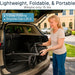 Woman lifting a folded stroller from the trunk of a car with text highlighting features.