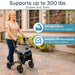 Woman using a walker with text highlighting its weight capacity and features.
