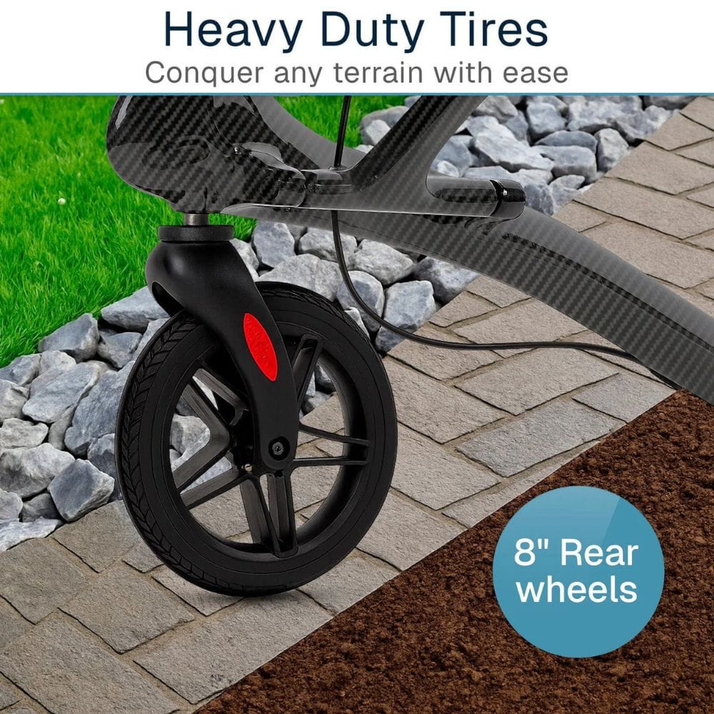Heavy-duty tire on a vehicle with text highlighting its capability to conquer any terrain.
