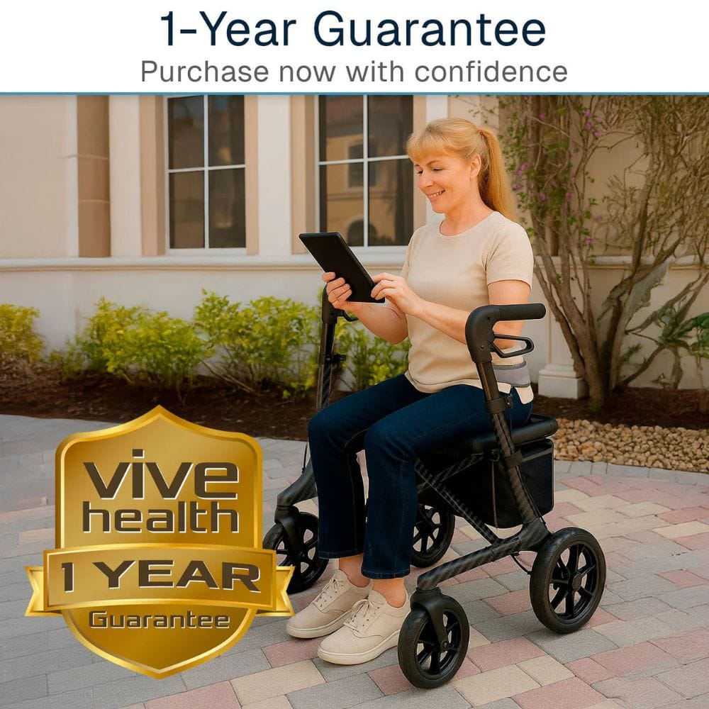 Woman using a tablet in a Vive Health scooter with a 1-year guarantee badge.