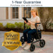Woman using a tablet in a Vive Health scooter with a 1-year guarantee badge.