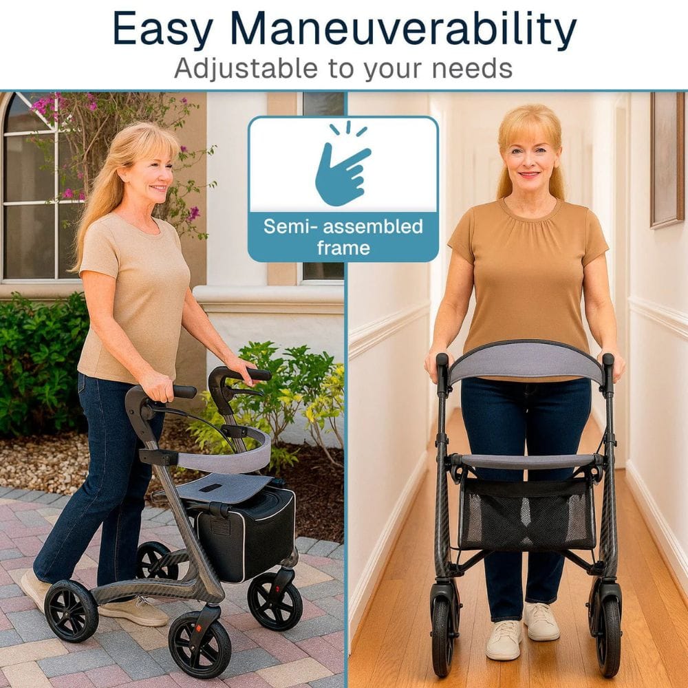 Woman pushing a stroller with text 'Easy Maneuverability' and 'Adjustable to your needs'.