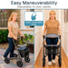 Woman pushing a stroller with text 'Easy Maneuverability' and 'Adjustable to your needs'.