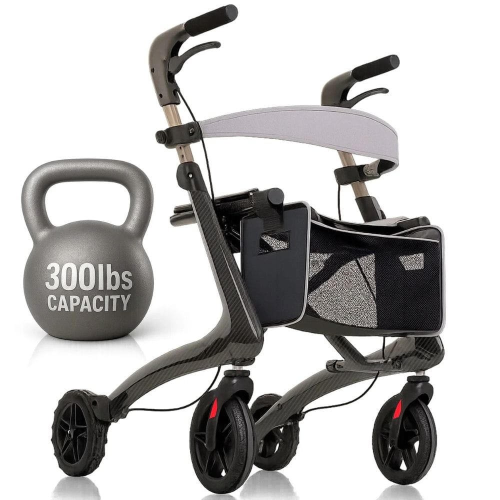 Rollator with a kettlebell labeled '300lbs Capacity' on a white background