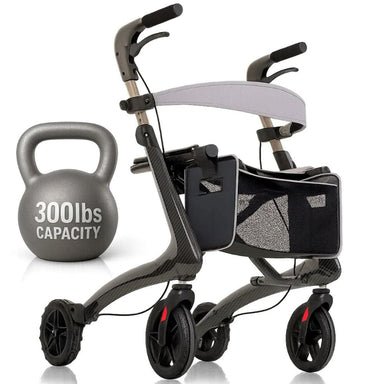 Rollator with a kettlebell labeled '300lbs Capacity' on a white background