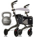 Rollator with a kettlebell labeled '300lbs Capacity' on a white background