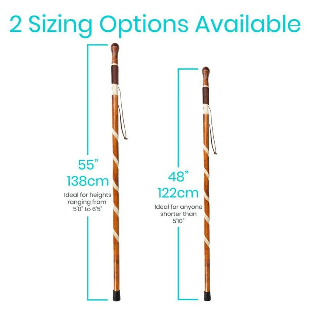 Two walking sticks with measurements indicating their lengths and suitable heights.
