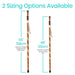Two walking sticks with measurements indicating their lengths and suitable heights.