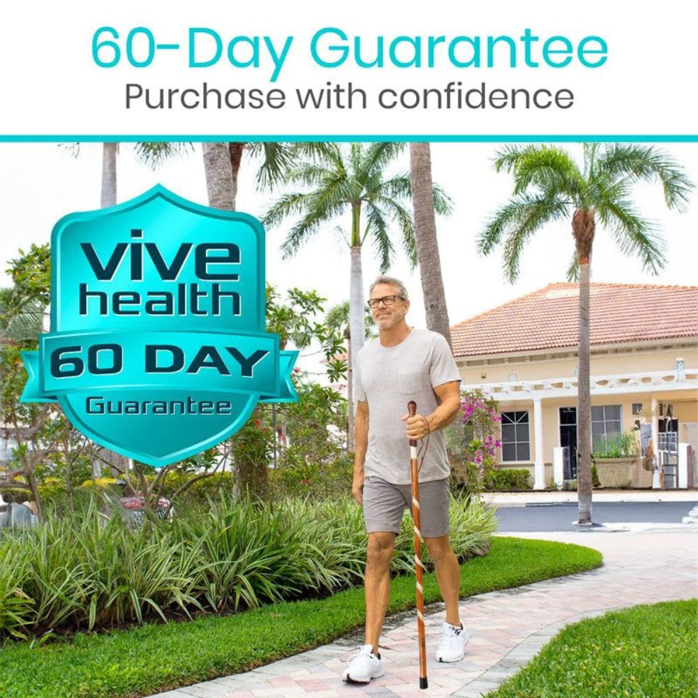 Man holding a cane on a sidewalk with palm trees and a house in the background, featuring Vive Health 60-day guarantee text.