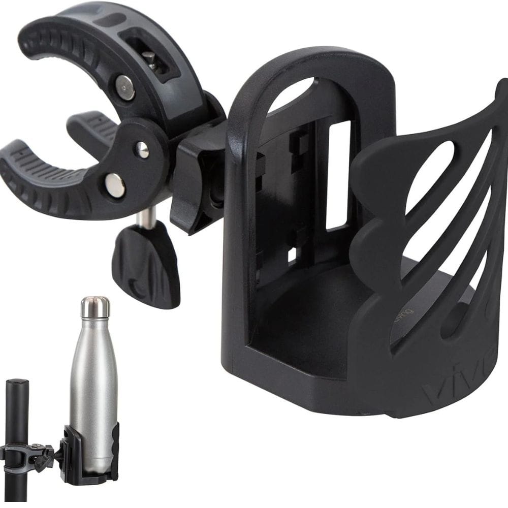 Black bike bottle holder with a water bottle on a white background
