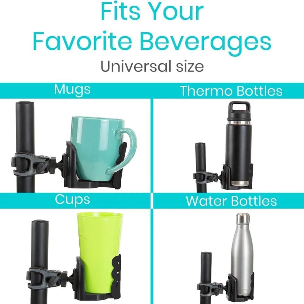 Universal drink holder with mugs, thermos bottles, cups, and water bottles shown.