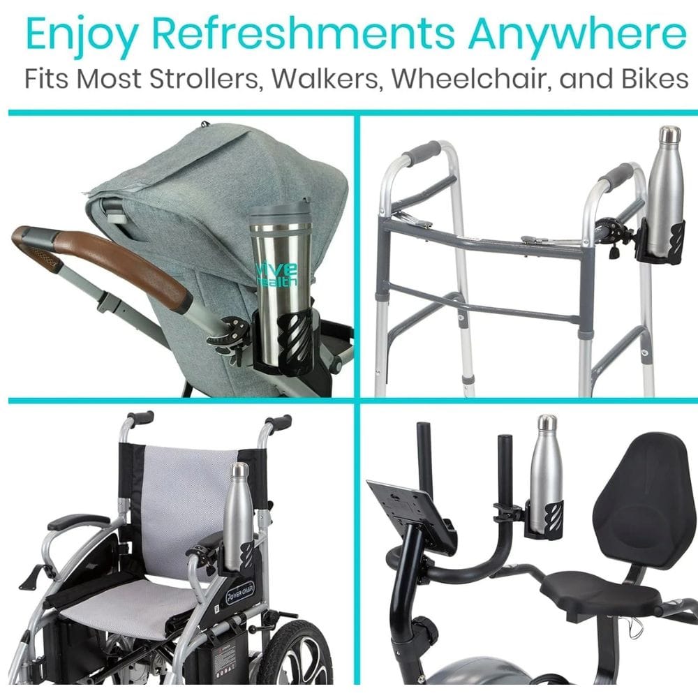 Product display of a cup holder system on various mobility devices with text 'Enjoy Refreshments Anywhere'.