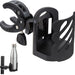 Black bike bottle holder with a water bottle on a white background