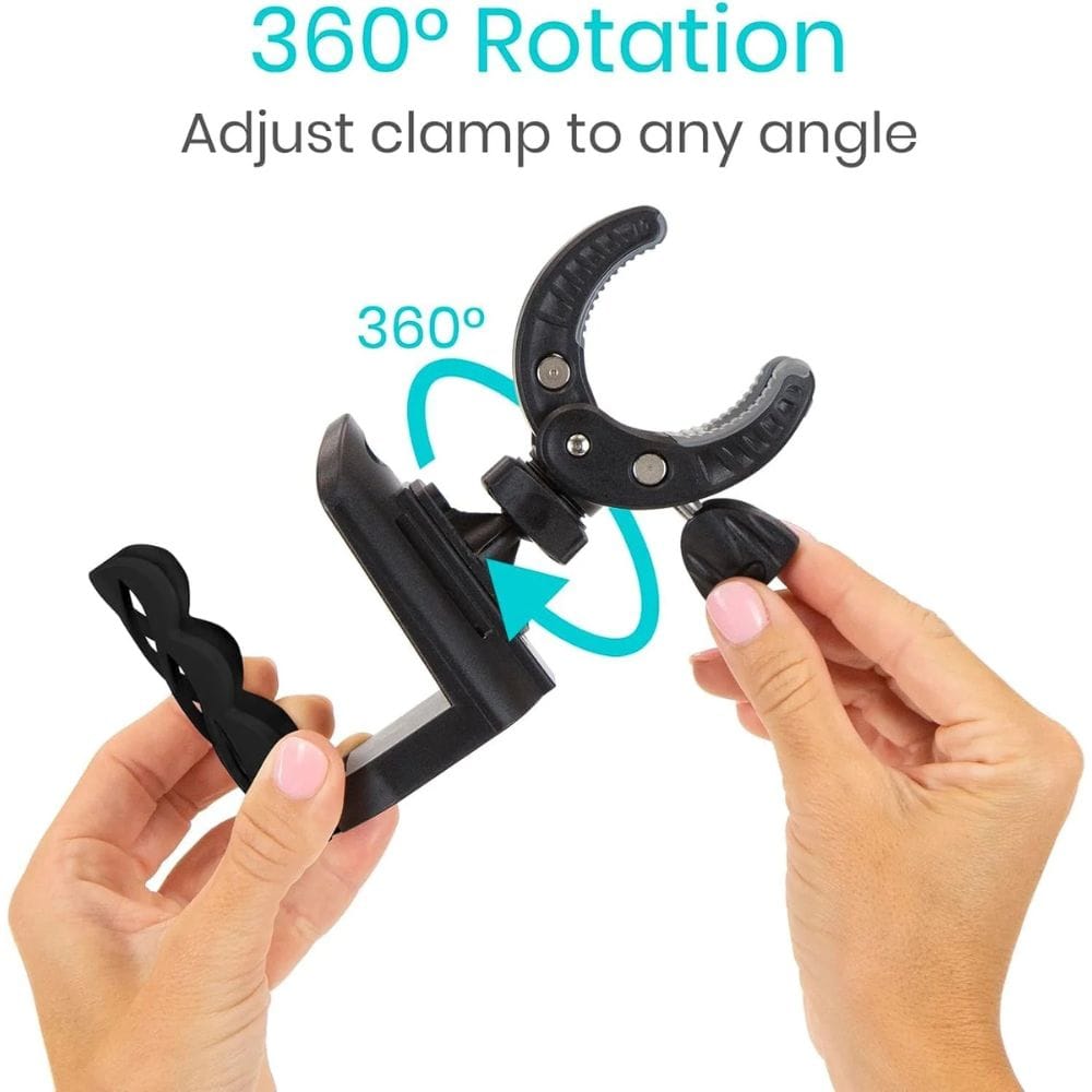Black adjustable clamp with 360-degree rotation feature held by hands against a white background.