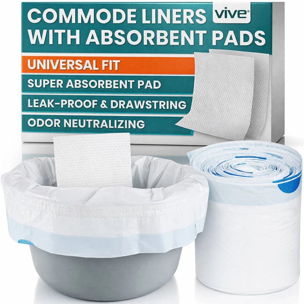 Vive commode liners with absorbent pads displayed with a commode bowl and roll of liners.