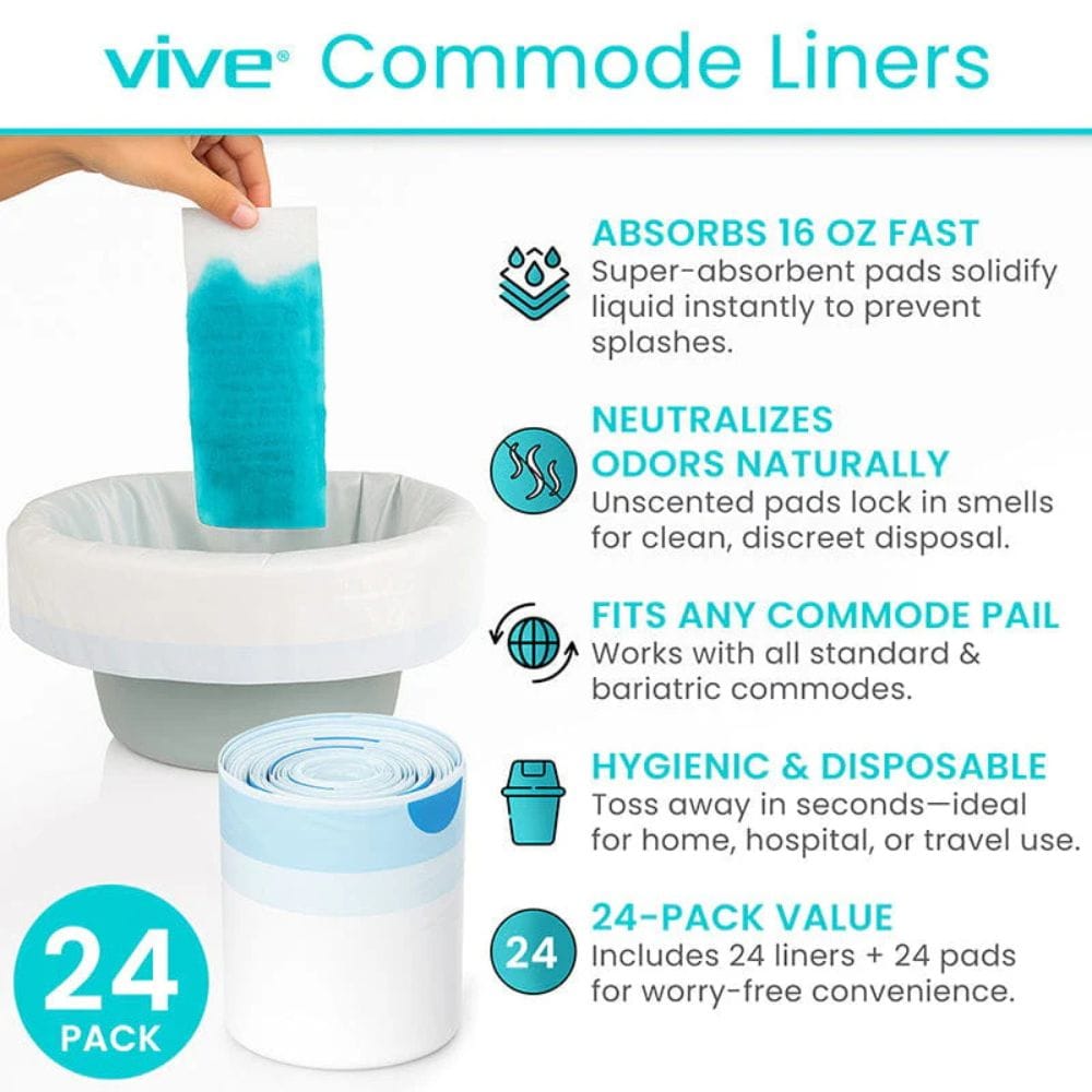 Vive commode liners packaging with text highlighting features and benefits.