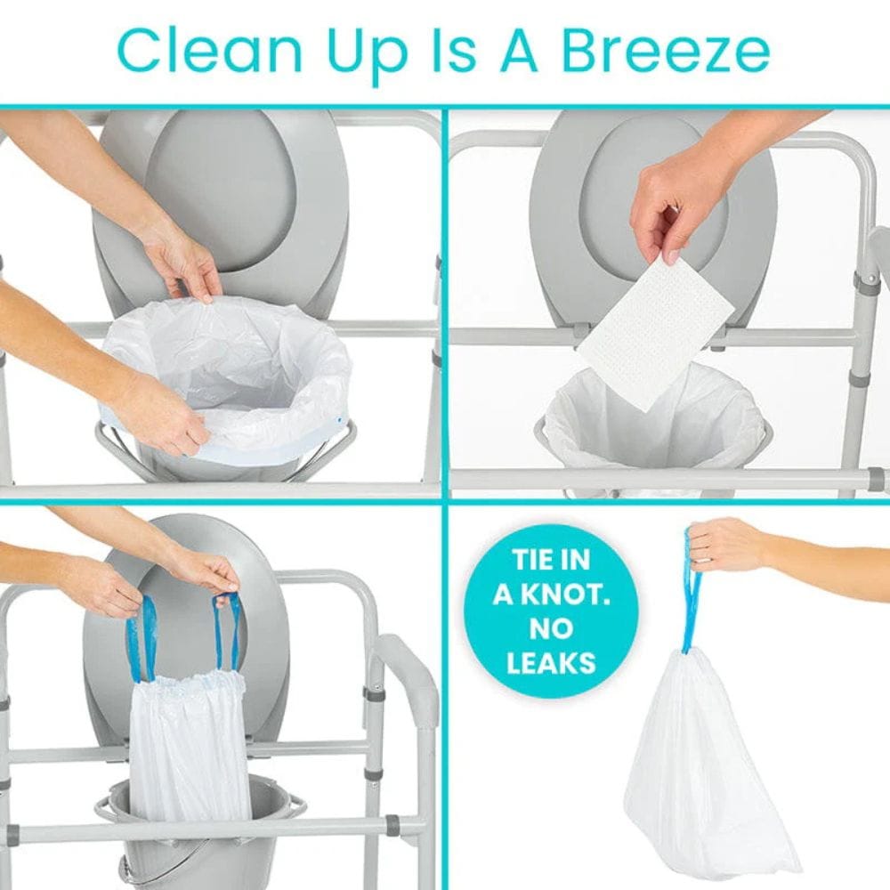 Product demonstration showing how to use a cleaning system with text 'Clean Up Is A Breeze' and 'Tie in a knot. No leaks'.