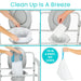 Product demonstration showing how to use a cleaning system with text 'Clean Up Is A Breeze' and 'Tie in a knot. No leaks'.