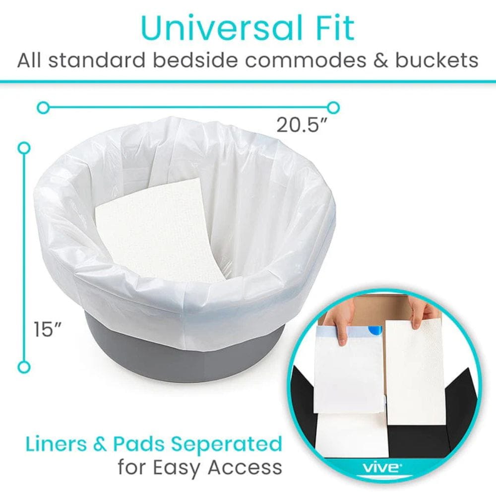 Bedside commode with liner and pad packaging, showing dimensions and Vive brand.