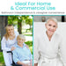 Two images showing a caregiver assisting an elderly person outdoors and an elderly person in a robe indoors, with text about home and commercial use.