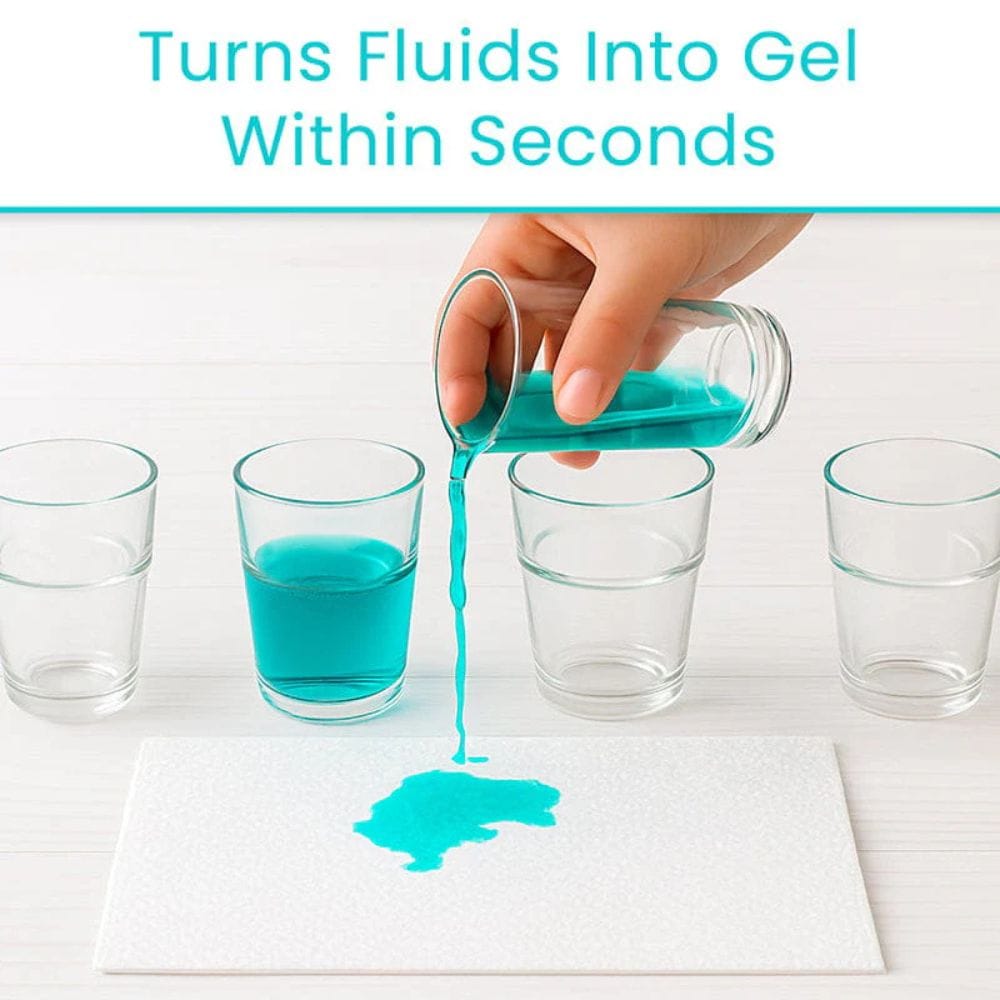 Hand pouring blue liquid from a small container into a glass, with text 'Turns Fluids Into Gel Within Seconds' above.