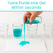 Hand pouring blue liquid from a small container into a glass, with text 'Turns Fluids Into Gel Within Seconds' above.