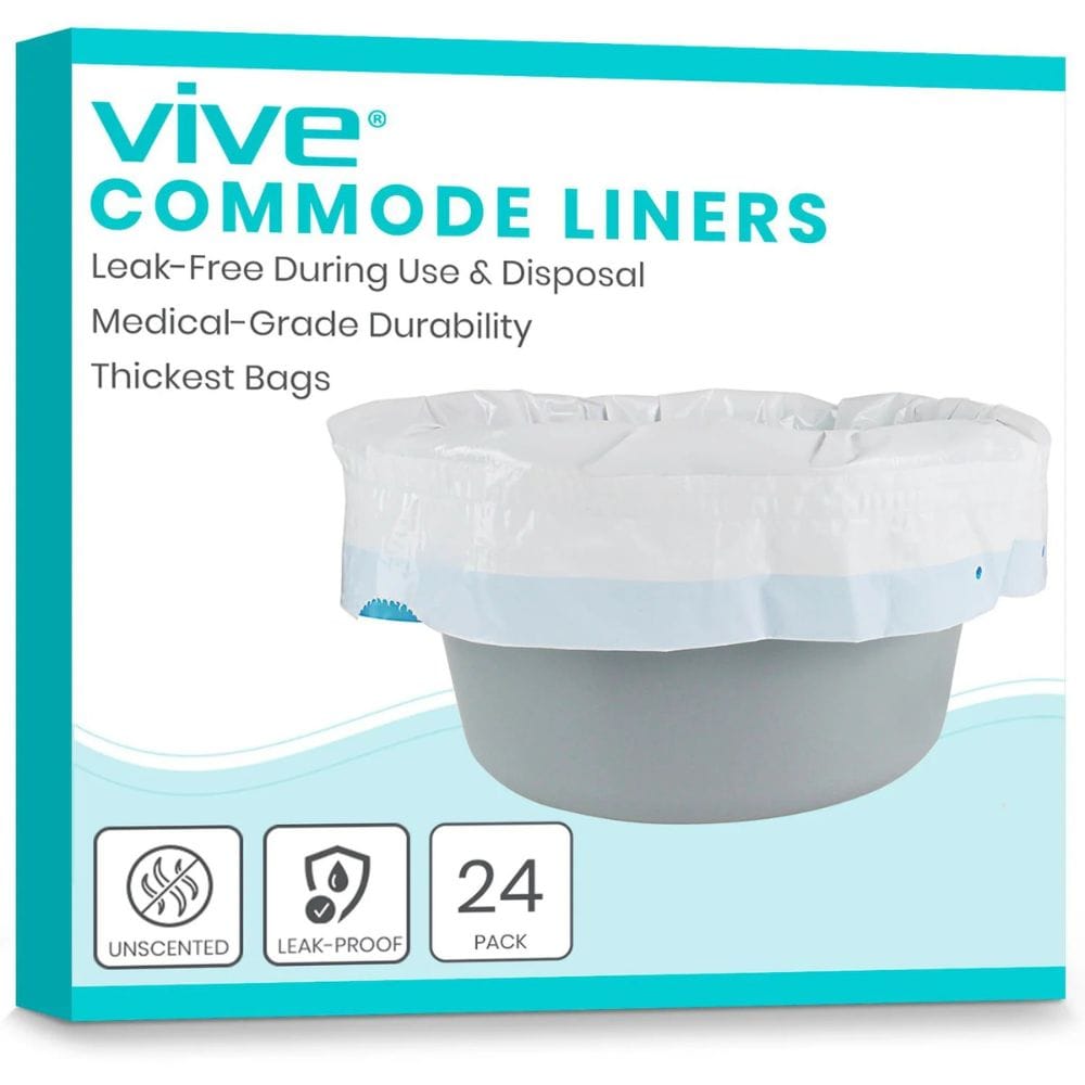 Vive commode liners packaging with product image and features on a white background