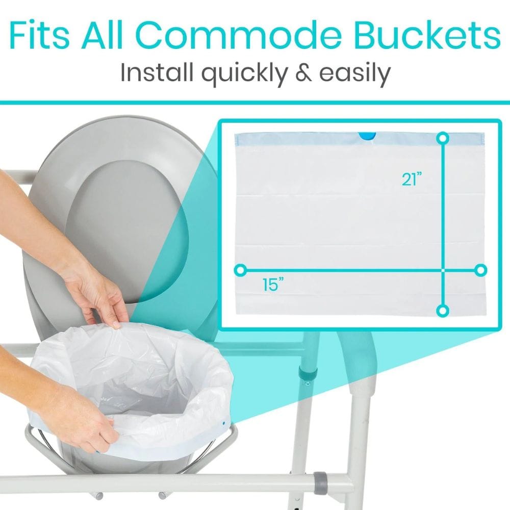 Product for commode buckets with a hand placing a bag into it, showing dimensions.