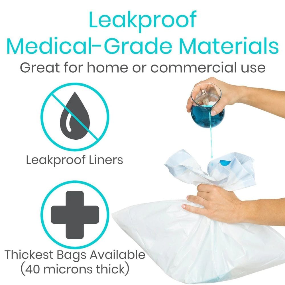 Leakproof medical-grade materials with a person pouring liquid into a bag, on a white background.