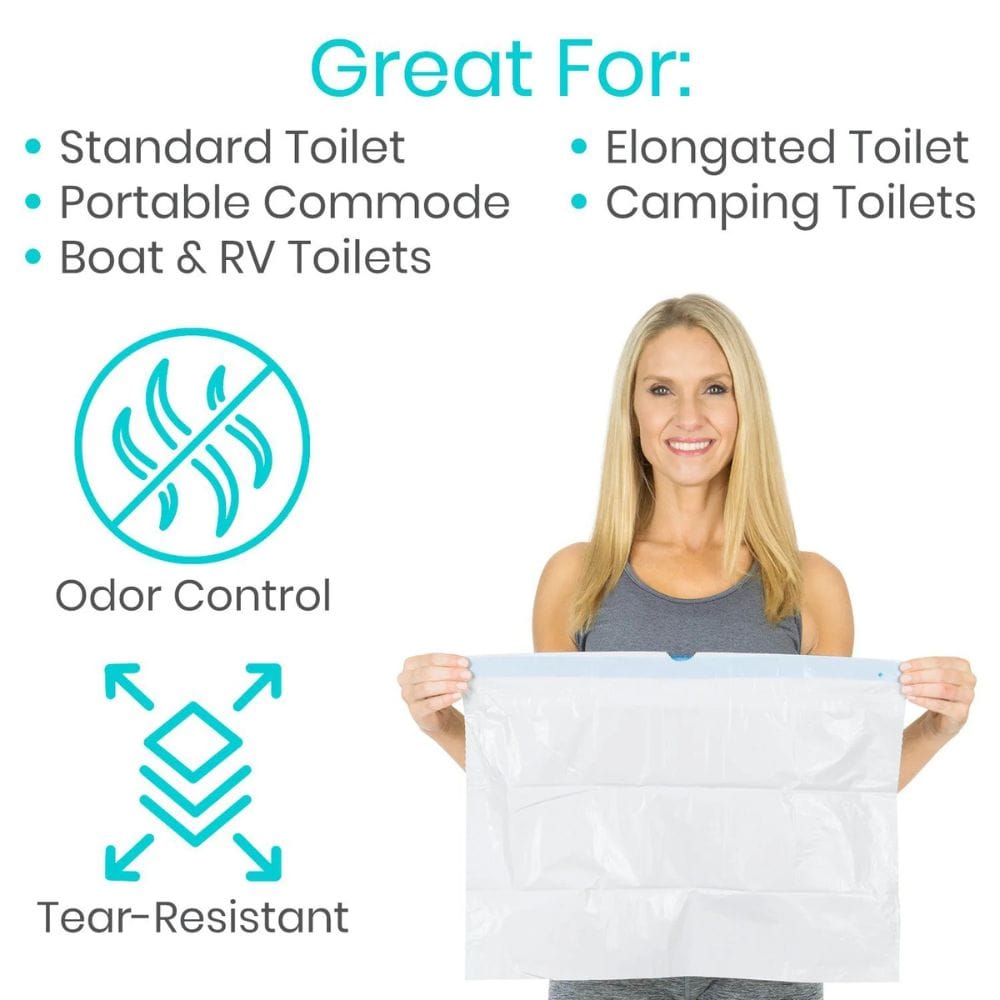 Woman holding a product with features listed on a white background