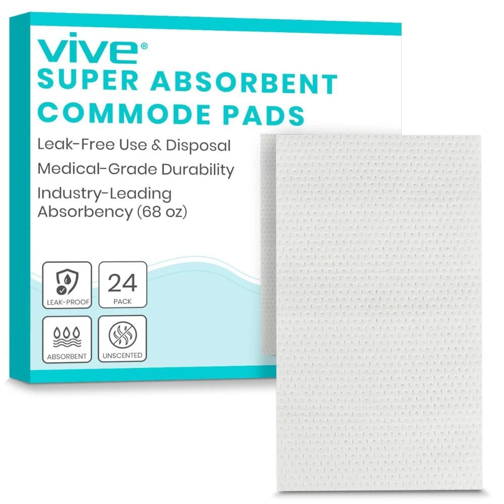 Vive super absorbent commode pads packaging with a white pad on a white background
