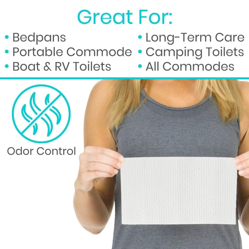Person holding a product with text about its uses and odor control feature.