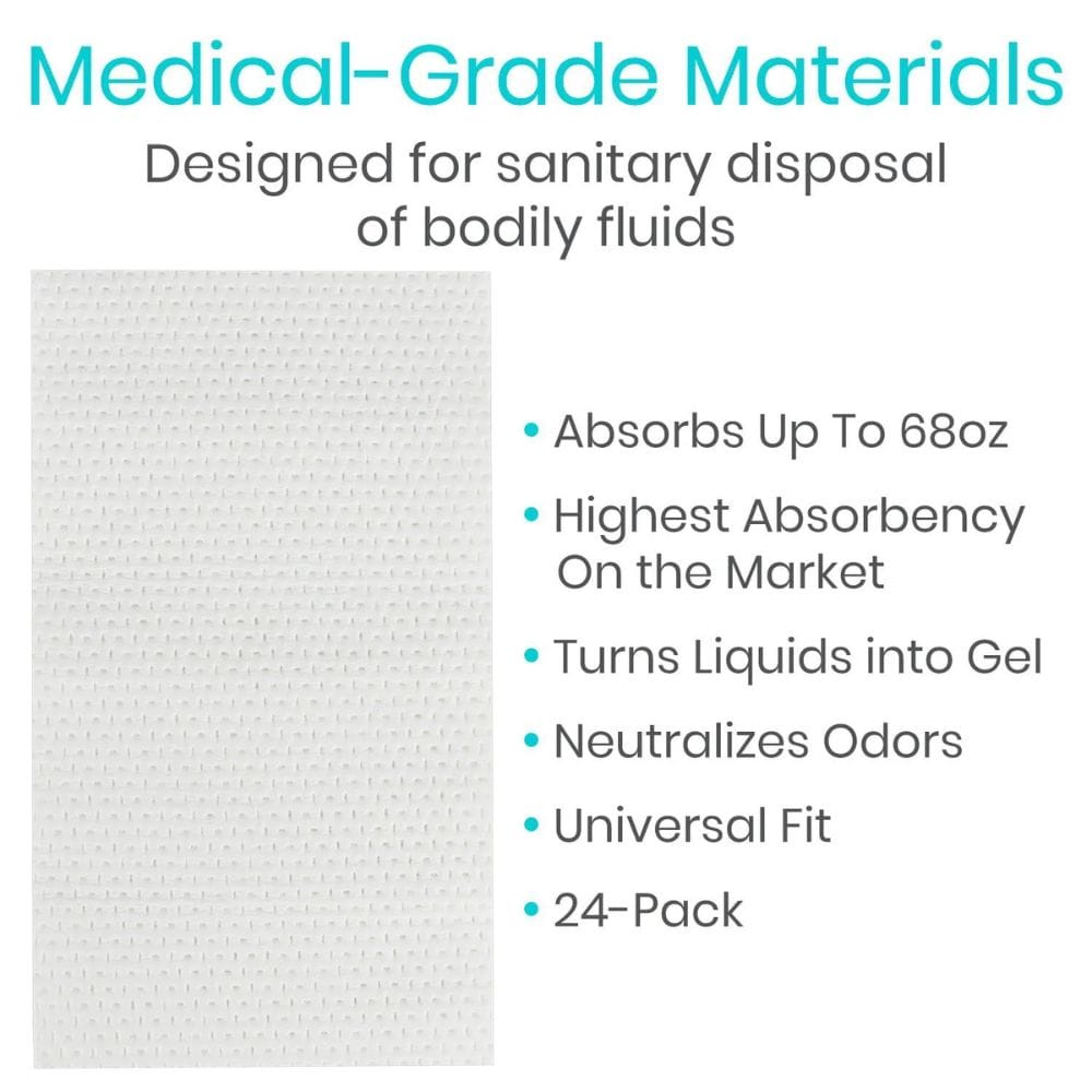Product packaging with text highlighting medical-grade materials for sanitary disposal of bodily fluids.