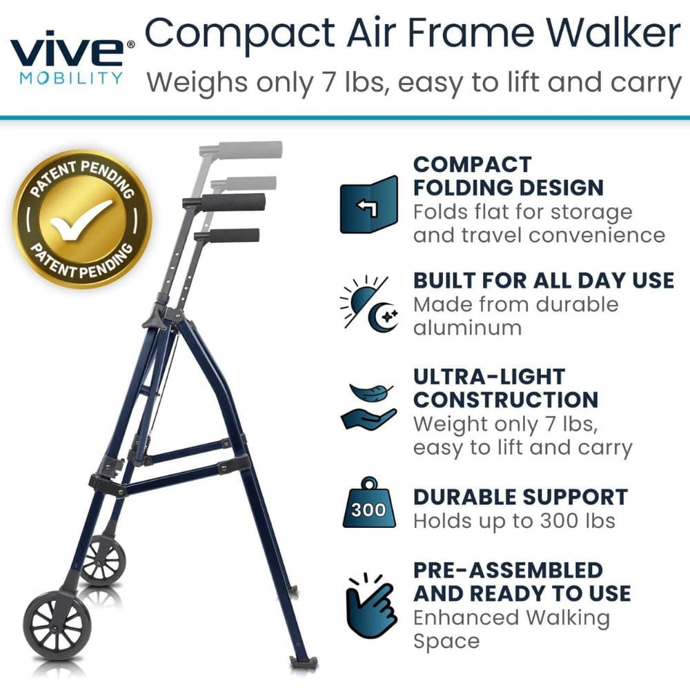 Compact air frame walker with features listed on a white background