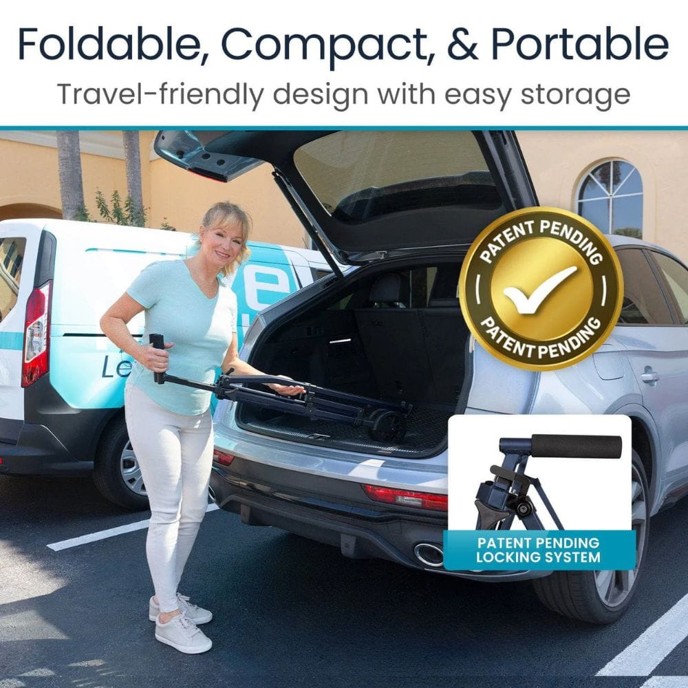 Woman using a foldable, compact, and portable device next to a car with a patent pending badge.