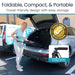 Woman using a foldable, compact, and portable device next to a car with a patent pending badge.